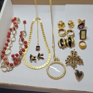 Gold-Tone Mixed Jewelry Set with Red Beads and Clear Pendant
